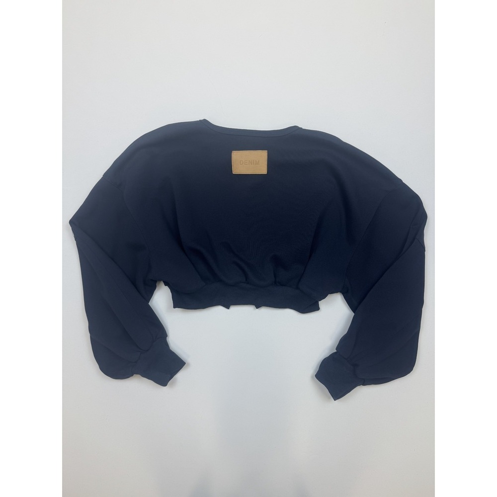 Latte Cropped Button-Front Balloon Sleeve Sweatshirt Navy - Picture 4 of 8